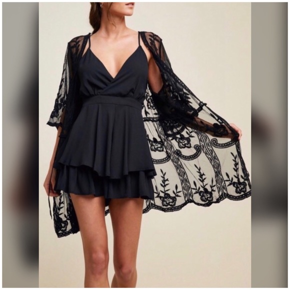 black dress with kimono cardigan